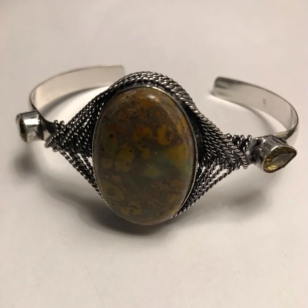 Fruit Jasper Citrine Stamped 925 Sterling Silver Cuff Bracelet